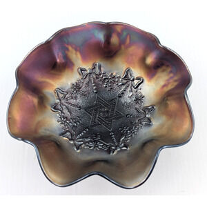Northwood Carnival Glass Amethyst Star of David & Bows Ruffled Bowl 8.5"
